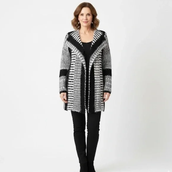 MS Mad Style Cardigan Black/White Fuzzy Long Knit S/M - Picture 1 of 7